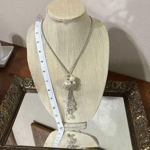 Faux pearl and crystal long necklace